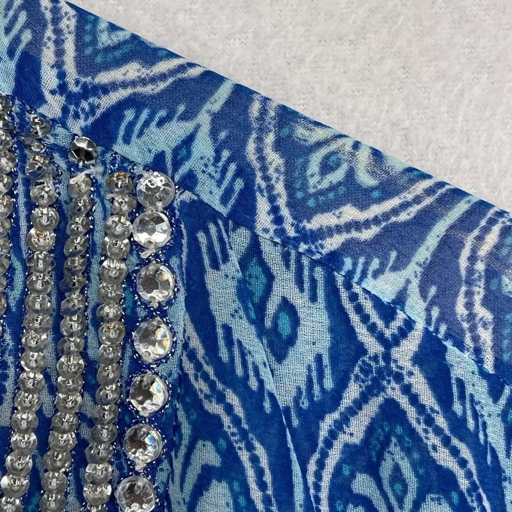 CHICOS Tunic 3 XL Chiffon Seaside Scroll Kurta Embellished Long Sleeve Blue NEW - Picture 6 of 14